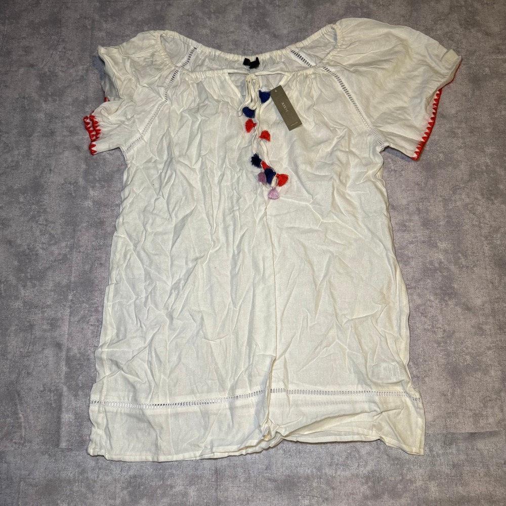 J.Crew Ivory Embroidered Tassel Peasant Blouse White Short Sleeve Top Medium NWT